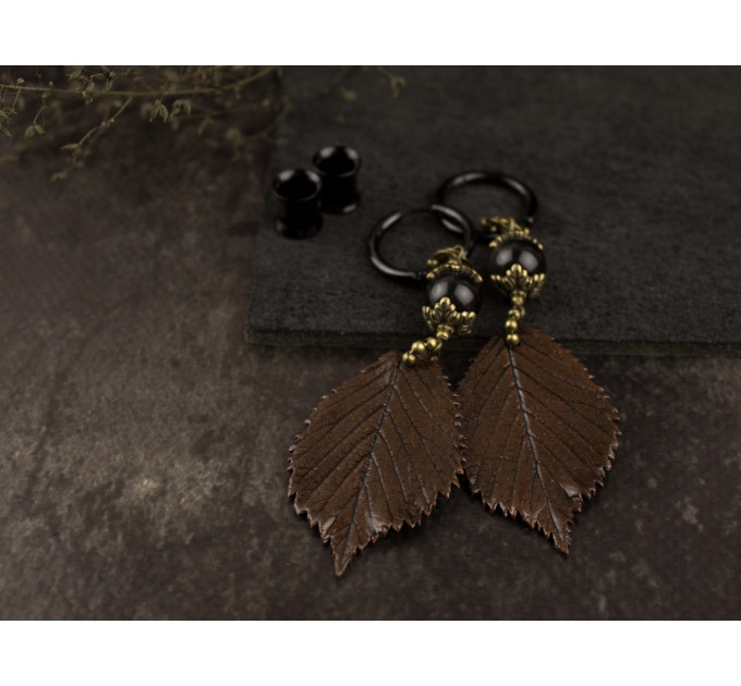 Long ear plugs with dark brown realistic leaf Unique woodland jewelry for stretched ears Hoop hangers for tunnel earrings 