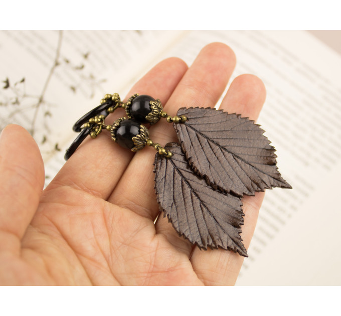 Long ear plugs with dark brown realistic leaf Unique woodland jewelry for stretched ears Hoop hangers for tunnel earrings 