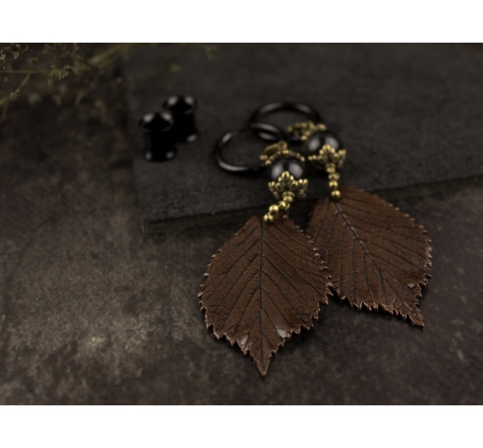 Long ear plugs with dark brown realistic leaf Unique woodland jewelry for stretched ears Hoop hangers for tunnel earrings 