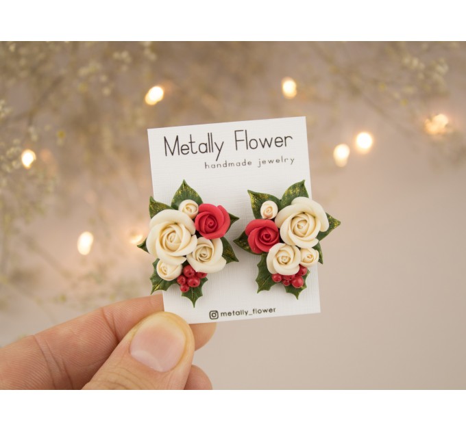 X-mas stud earring with festive bouquet Christmas flowers jewelry Cute gift idea for girlfriend wife sister daughter