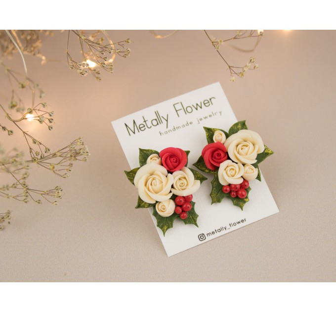 X-mas stud earring with festive bouquet Christmas flowers jewelry Cute gift idea for girlfriend wife sister daughter