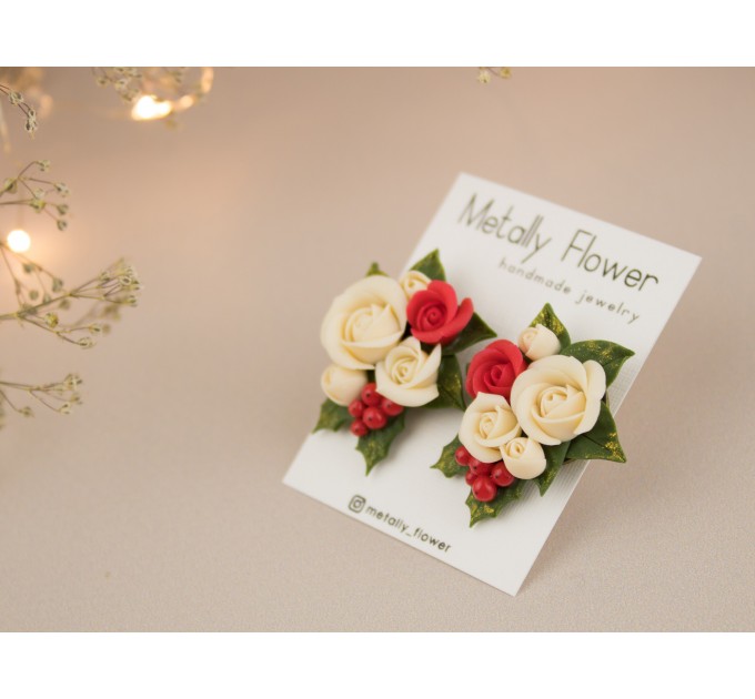 X-mas stud earring with festive bouquet Christmas flowers jewelry Cute gift idea for girlfriend wife sister daughter