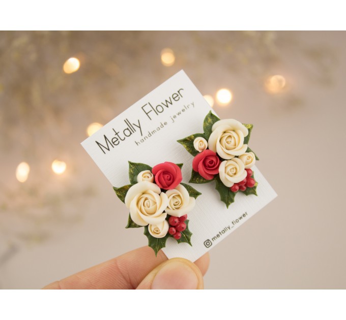 X-mas stud earring with festive bouquet Christmas flowers jewelry Cute gift idea for girlfriend wife sister daughter