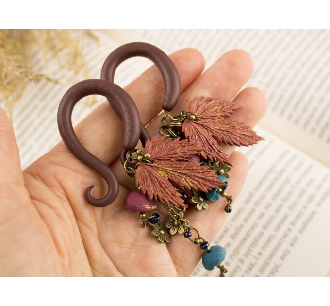Dangle gauge earrings with copper metallic charms maple leaves burgundy teal beads Stretched ears unique jewelry