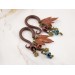 Dangle gauge earrings with copper metallic charms maple leaves burgundy teal beads Stretched ears unique jewelry