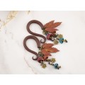Dangle gauge earrings with copper metallic charms maple leaves burgundy teal beads Stretched ears unique jewelry