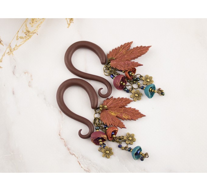 Dangle gauge earrings with copper metallic charms maple leaves burgundy teal beads Stretched ears unique jewelry