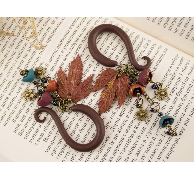 Dangle gauge earrings with copper metallic charms maple leaves burgundy teal beads Stretched ears unique jewelry