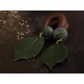 Woodland gauge earrings with deep green realistic leaves and beads Handmade jewelry for stretched ears Unique plugs