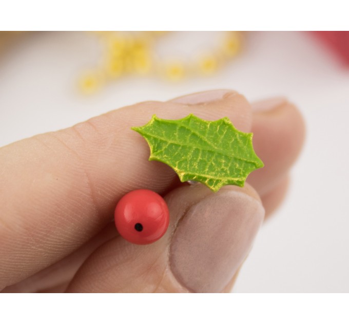 Cute Christmas stud earrings with tiny holly berry and leaf Mismatched Asymmetrical Xmas gift idea 