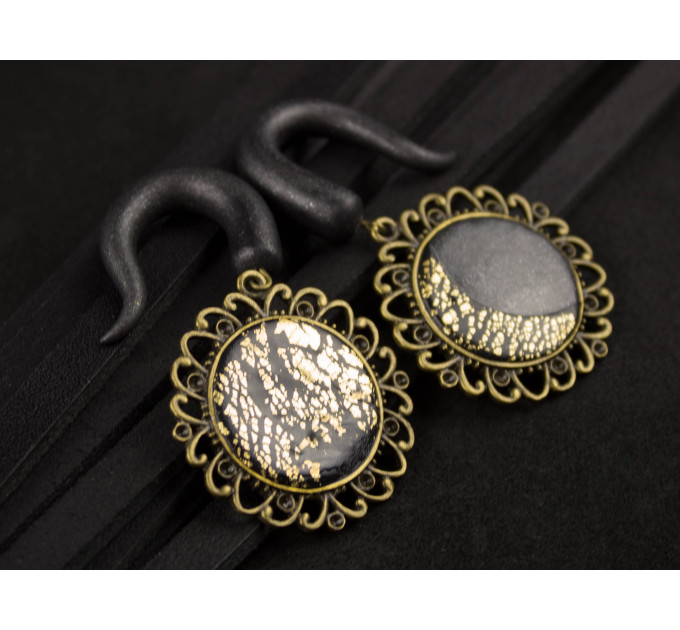 Celestial ear gauges full moon crescent asymmetrical ear weights Shiny plugs and tunnels handmade  