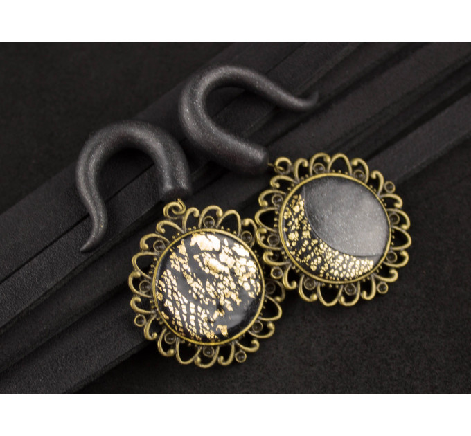 Celestial ear gauges full moon crescent asymmetrical ear weights Shiny plugs and tunnels handmade  