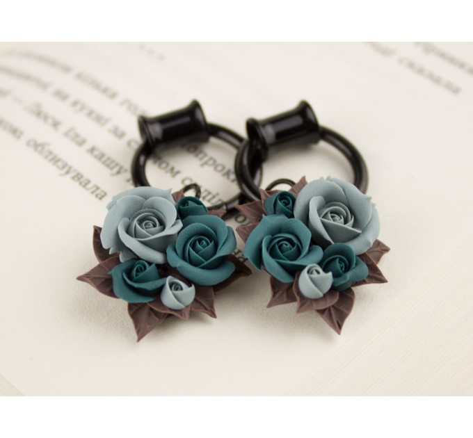 Custom color Teal brown floral ear hangers for tunnels Dangle plug earrings Unique wedding jewelry for stretcher earlobes Handmade gauges