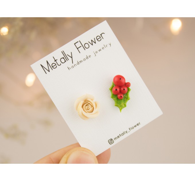 Tiny stud earrings Beige peach rose red green holly berry Holiday festive minimalist jewelry Unique Xmas gift Handmade