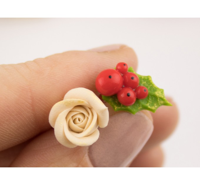 Tiny stud earrings Beige peach rose red green holly berry Holiday festive minimalist jewelry Unique Xmas gift Handmade