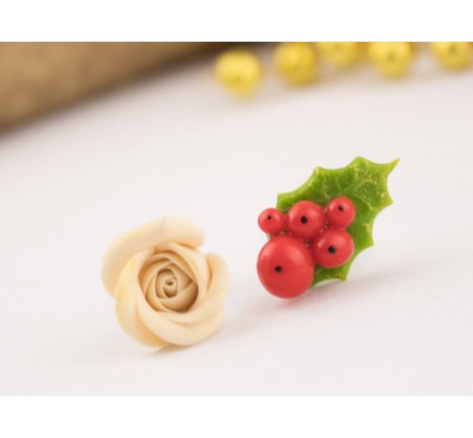 Tiny stud earrings Beige peach rose red green holly berry Holiday festive minimalist jewelry Unique Xmas gift Handmade