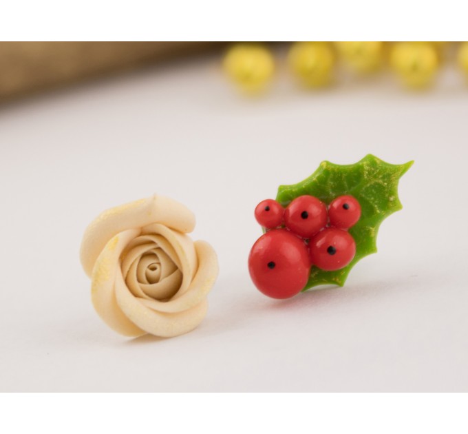 Tiny stud earrings Beige peach rose red green holly berry Holiday festive minimalist jewelry Unique Xmas gift Handmade