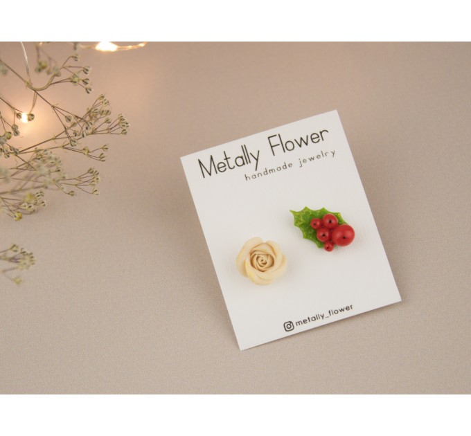 Tiny stud earrings Beige peach rose red green holly berry Holiday festive minimalist jewelry Unique Xmas gift Handmade