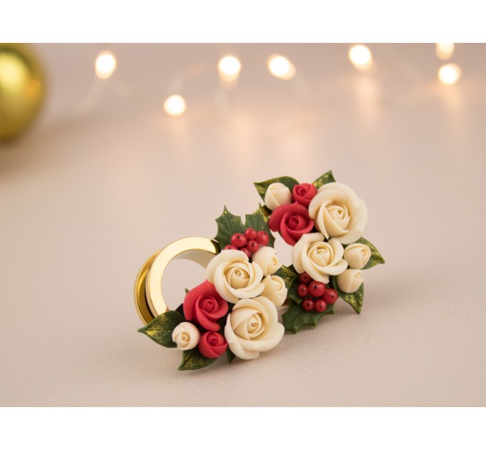 Cute Christmas plug earrings Beige rose red flower golden screw back tunnels Holly berry Holiday gift