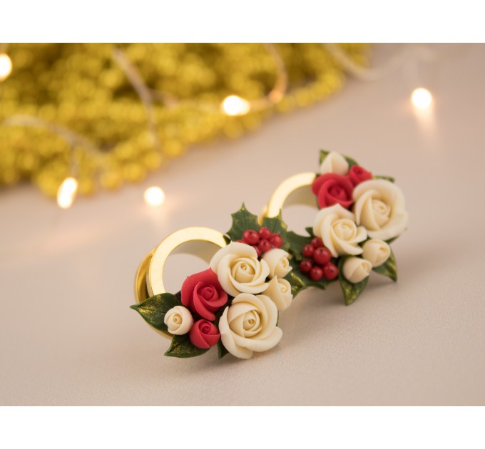 Cute Christmas plug earrings Beige rose red flower golden screw back tunnels Holly berry Holiday gift