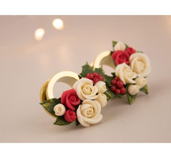 Cute Christmas plug earrings Beige rose red flower golden screw back tunnels Holly berry Holiday gift