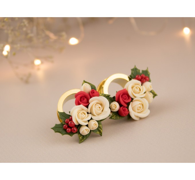 Cute Christmas plug earrings Beige rose red flower golden screw back tunnels Holly berry Holiday gift