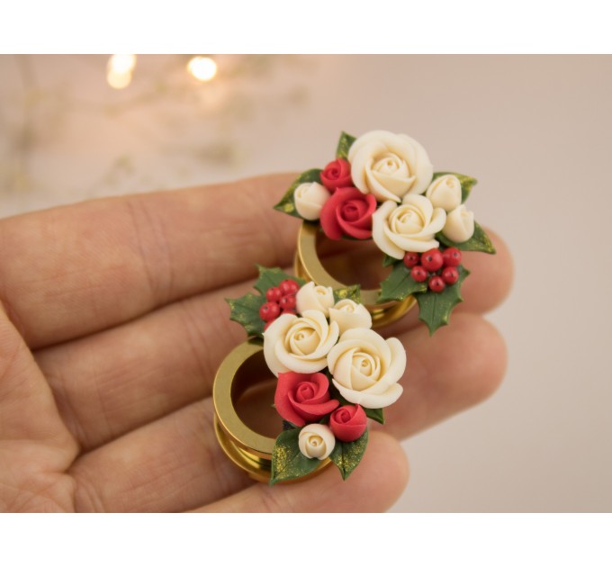 Cute Christmas plug earrings Beige rose red flower golden screw back tunnels Holly berry Holiday gift