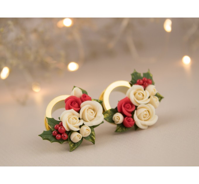 Cute Christmas plug earrings Beige rose red flower golden screw back tunnels Holly berry Holiday gift