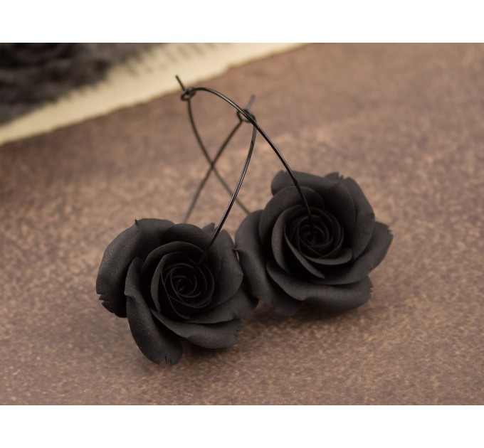Hoop earrings with black rose Gothic jewelry Unique gift for girlfriend Dark fashion Witch Handmade