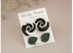 Black white rose and dark green leaf studs set of 2