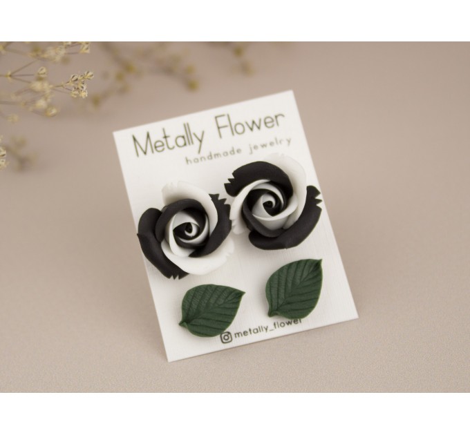 Minimalist stud earrings with Black white rose flower and Dark green leaf Tiny Cute posts 