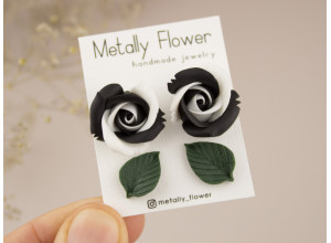 Black white rose and dark green leaf studs set of 2