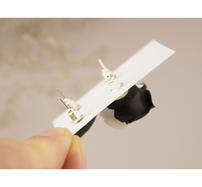 Minimalist stud earrings with Black white rose flower and Dark green leaf Tiny Cute posts 