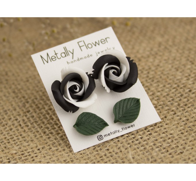 Minimalist stud earrings with Black white rose flower and Dark green leaf Tiny Cute posts 