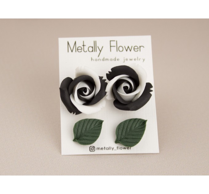 Minimalist stud earrings with Black white rose flower and Dark green leaf Tiny Cute posts 