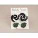 Minimalist stud earrings with Black white rose flower and Dark green leaf Tiny Cute posts 