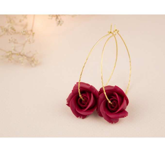 Golden hoop earrings with wine red burgundy rose flower Unique gift for wife Christmas present Bridesmaid jewelry