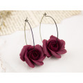 Red wine burgundy rose hoop dangle earrings Handmade jewelry Unique gift idea Floral 
