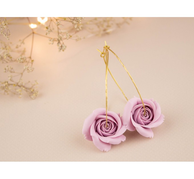 Wedding golden hoop earrings with blush pastel dusty pink rose flower Dangle bridal hoops Handmade jewelry 