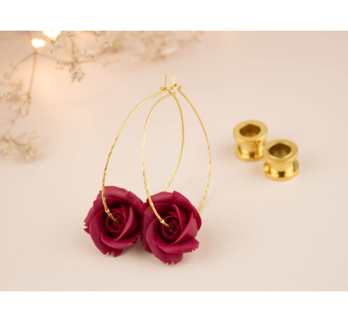 Burgundy deep red wine rose flower earrings for stretched earlobes Golden screw back tunnels Hoop hangers Christmas gift
