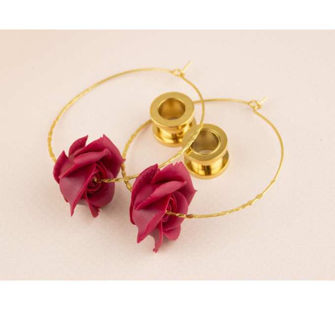 Burgundy deep red wine rose flower earrings for stretched earlobes Golden screw back tunnels Hoop hangers Christmas gift