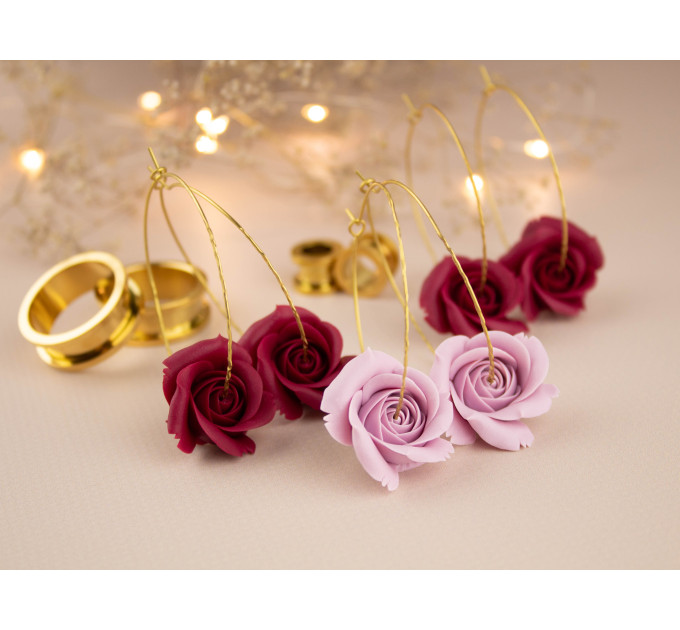 Burgundy deep red wine rose flower earrings for stretched earlobes Golden screw back tunnels Hoop hangers Christmas gift