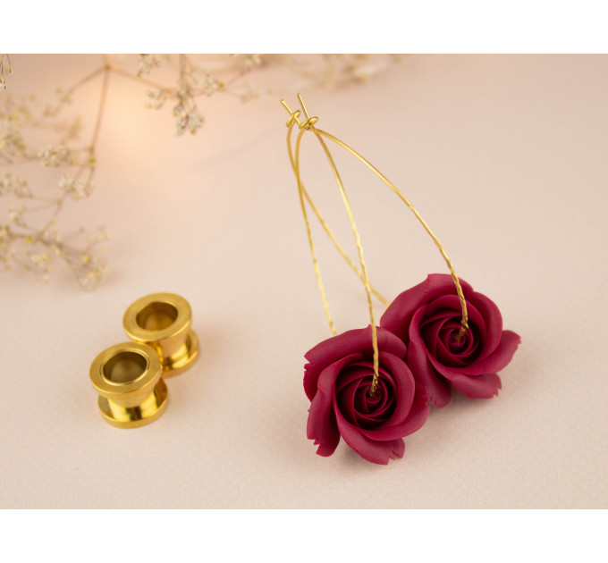 Burgundy deep red wine rose flower earrings for stretched earlobes Golden screw back tunnels Hoop hangers Christmas gift
