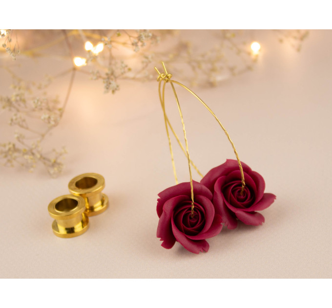 Burgundy deep red wine rose flower earrings for stretched earlobes Golden screw back tunnels Hoop hangers Christmas gift