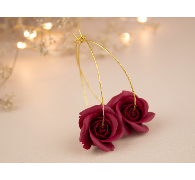 Burgundy deep red wine rose flower earrings for stretched earlobes Golden screw back tunnels Hoop hangers Christmas gift