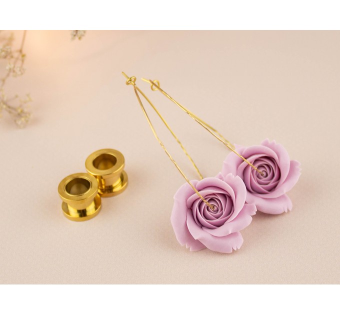 Dusty blush pink wedding ear hangers for gauged ears Gold screw back tunnels hoops Floral plugs Handmade