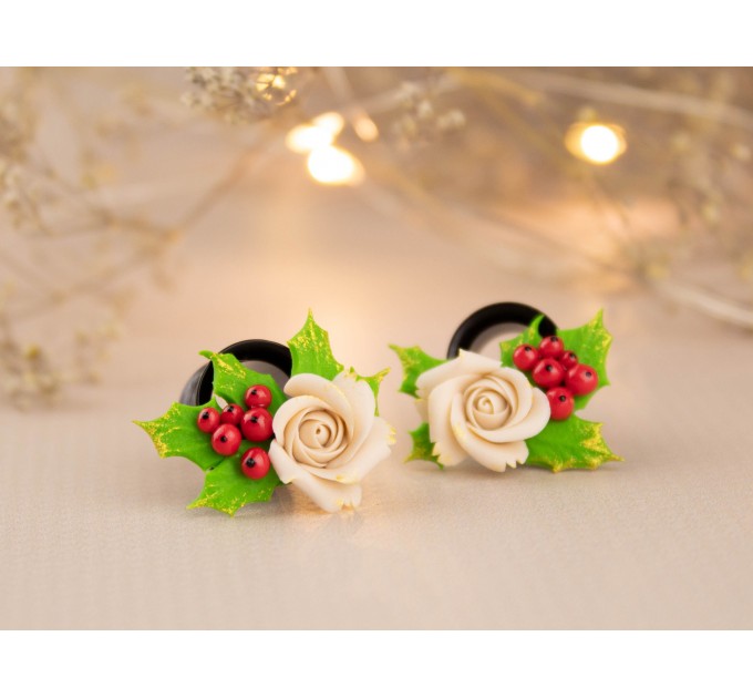 Christmas earrings for stretched ears Holly berry and beige rose gauges Xmas tunnels and plugs Handmade