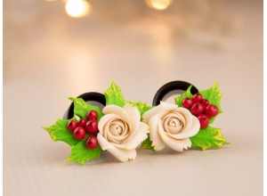 Holly berry ear tunnels with beige roses 12-25mm