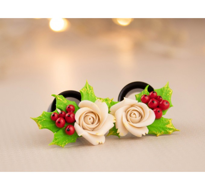 Christmas earrings for stretched ears Holly berry and beige rose gauges Xmas tunnels and plugs Handmade