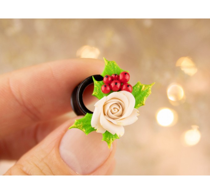 Christmas earrings for stretched ears Holly berry and beige rose gauges Xmas tunnels and plugs Handmade